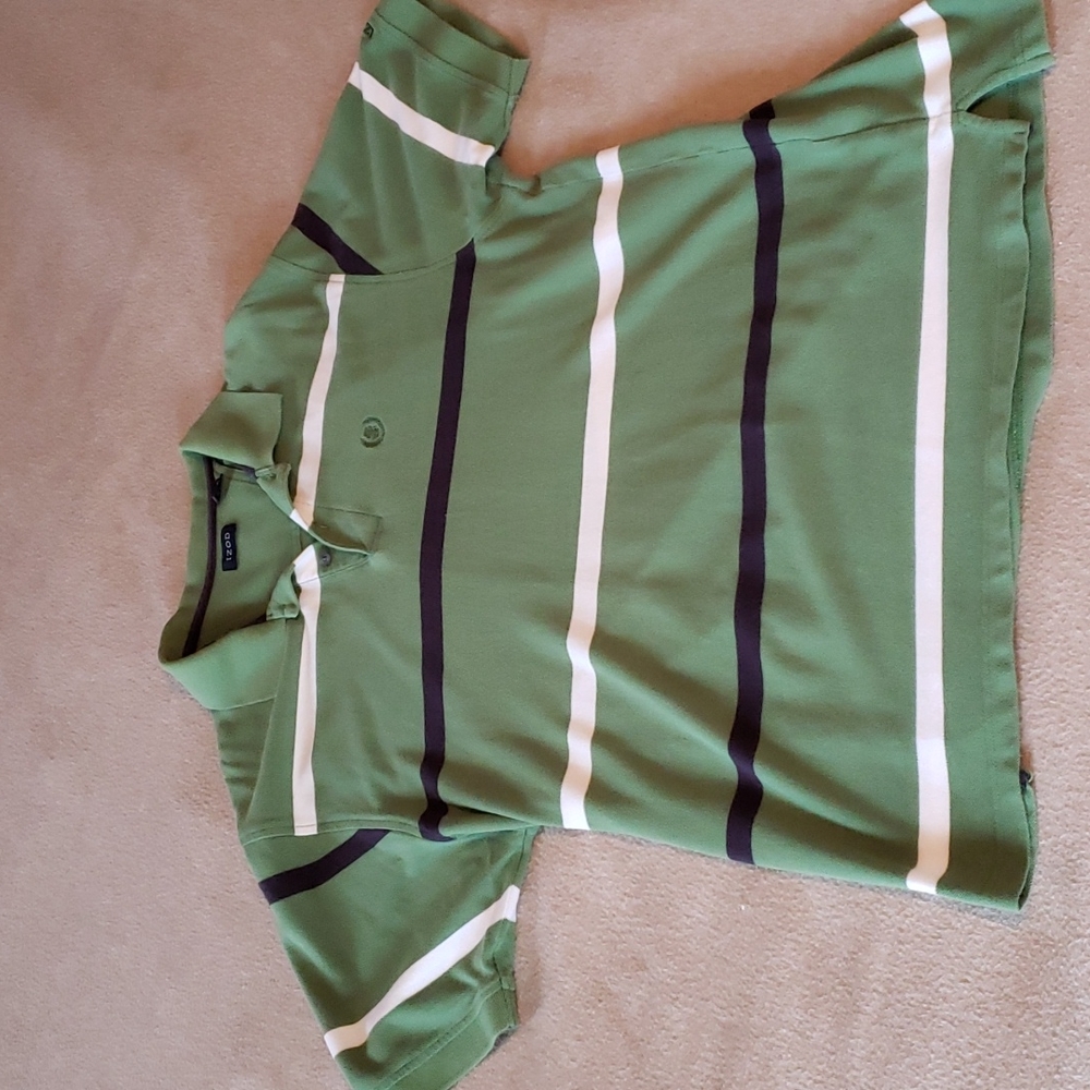 Men's Izod Polo Shirt, XL, Green With White And Black Stripes, Lightly Worn.